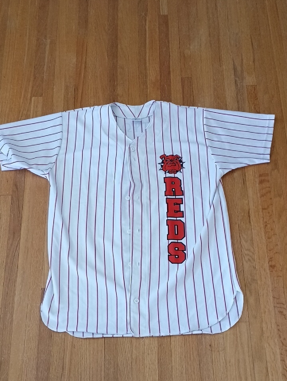 White and Red Pinstripe Baseball Jersey with 'REDS' Vertical Logo